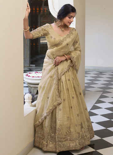 Designer Thread Embroidered Silk Cream Lehenga Choli With Dupatta